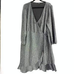Ellos Wrap Dress Womens Plus Size L US 18/20 Silver Black Long Sleeve Ruffle Hem